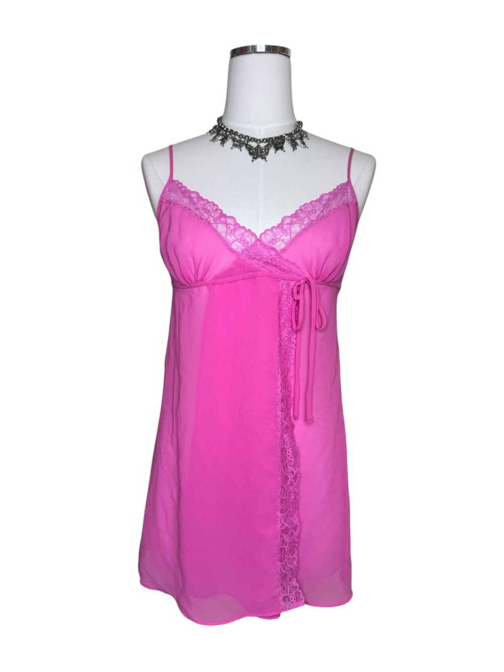 Y2K Victoria's Secret Bright Pink Sheer Lace-Trim Wrap Chemise Slip Dress Size M